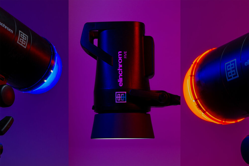 two Elinchrom ONE with colored gel domes and an Elinchrom FIVE