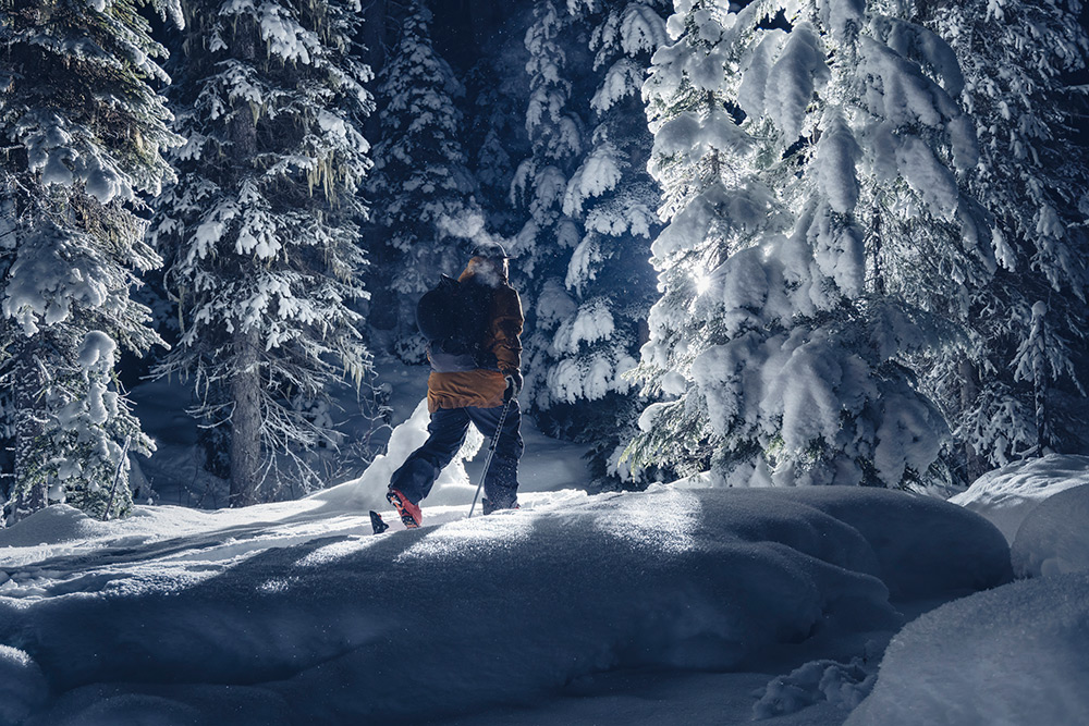 Man walking in the snow, surrounded by trees